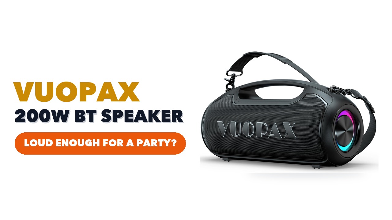 VUOPAX B48A portable Bluetooth speaker with carry handle and shoulder strap on a white background