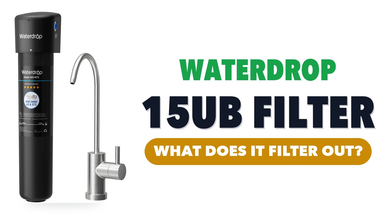 Waterdrop 15UB black filter housing next to its brushed stainless steel faucet