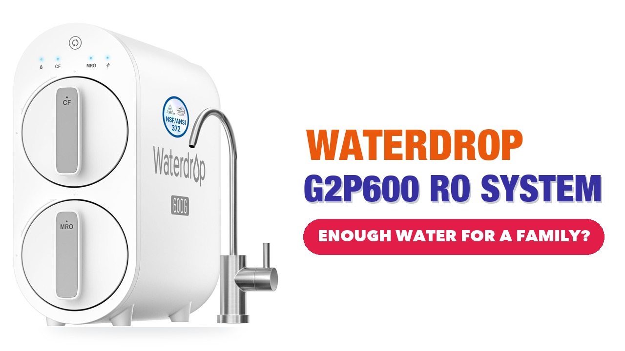 Waterdrop G2P600 white tankless reverse osmosis unit with a chrome faucet on a white background