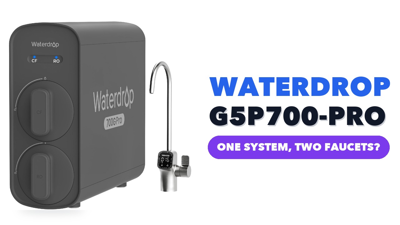 Black Waterdrop G5P700-PRO tankless reverse osmosis unit with its RO faucet on a white background