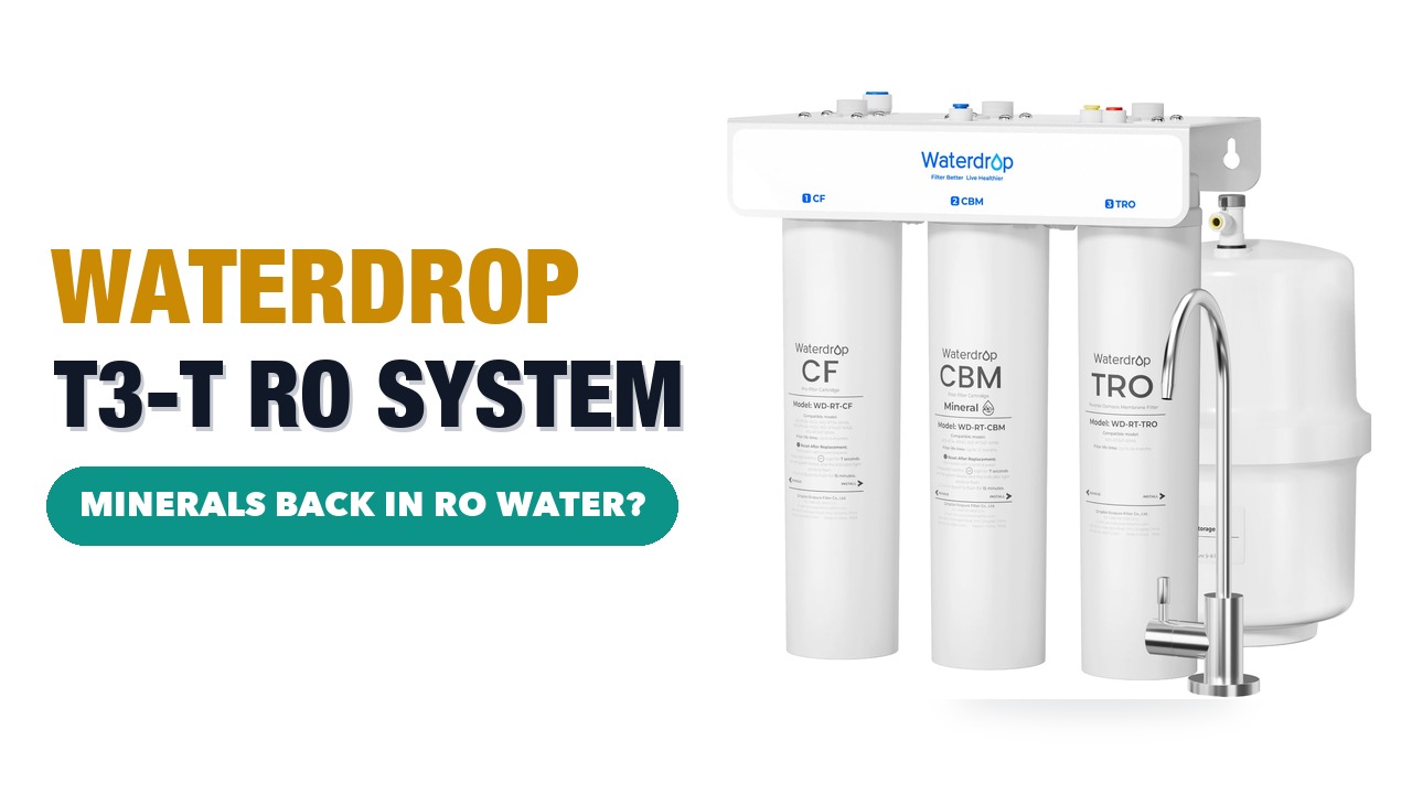 White Waterdrop T3-T reverse osmosis system with three filters, a small tank and a faucet on a white background