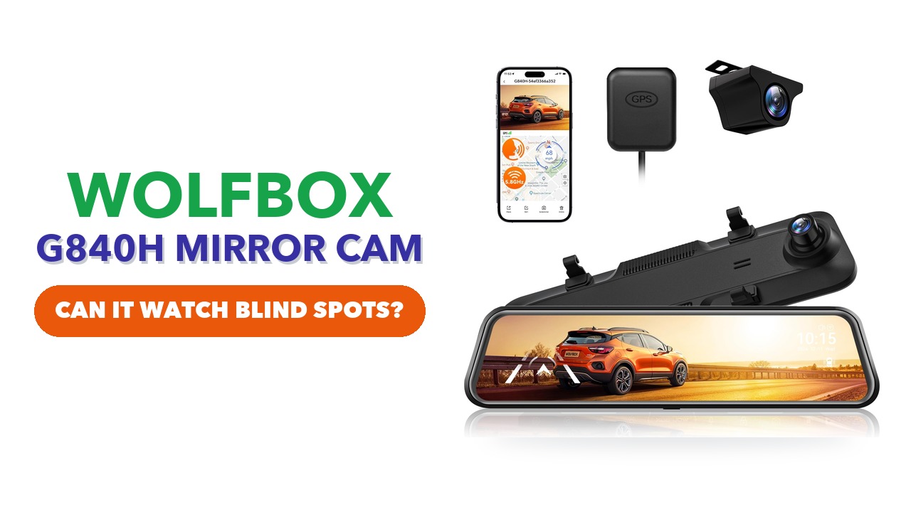 WOLFBOX G840H mirror dash cam with its rear camera, GPS module and phone app on a white background