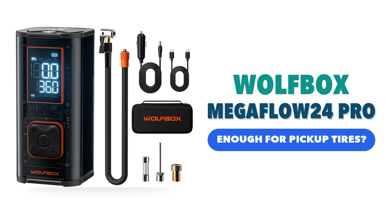 WOLFBOX MegaFlow24 Pro tire inflator with hose, nozzle adapters, cables and carry case on a white background