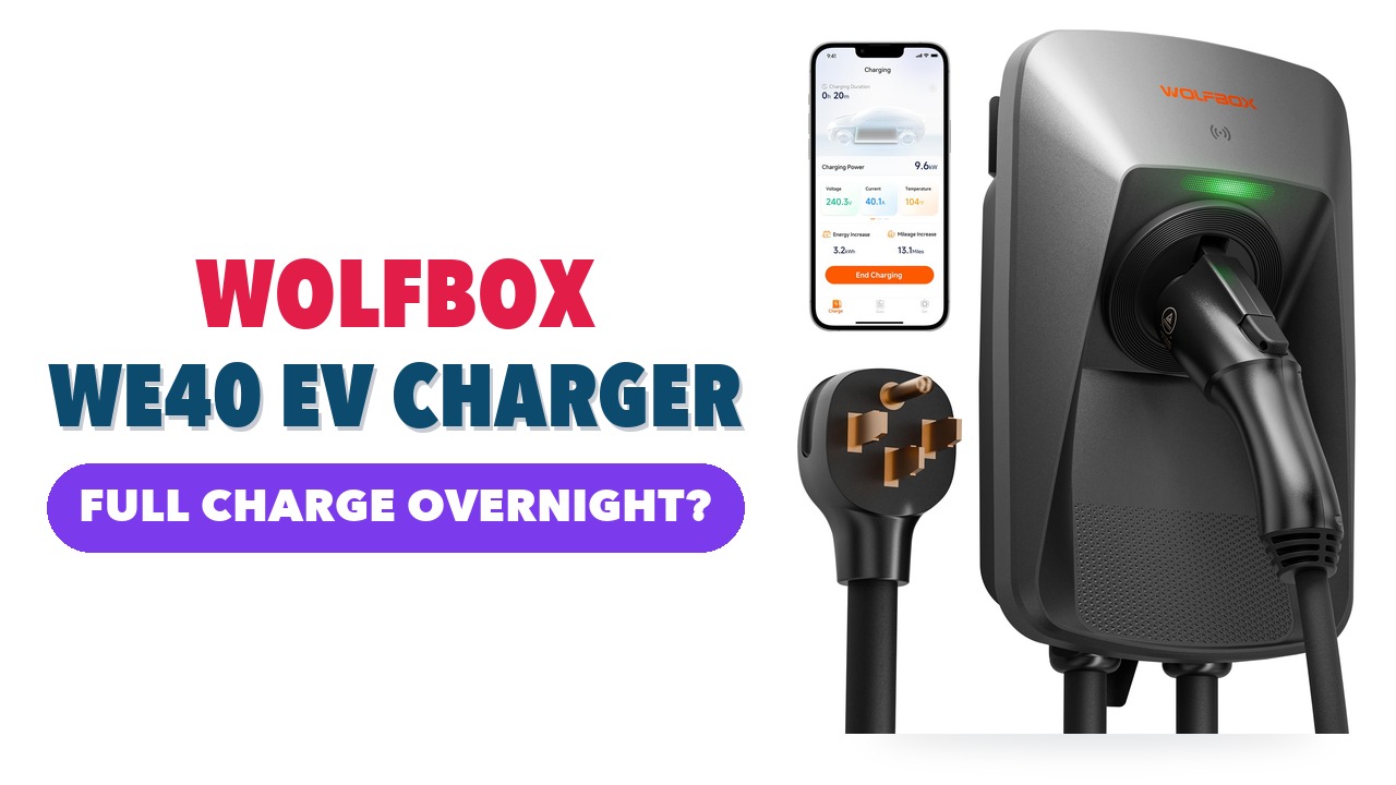 WOLFBOX WE40 Level 2 EV charger with its NEMA 14-50 plug and the charging app on a phone, on a white background
