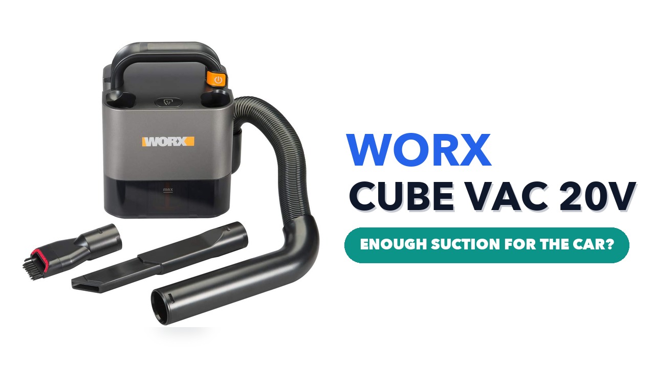 WORX Cube Vac cordless vacuum with its hose, crevice nozzle and brush attachment