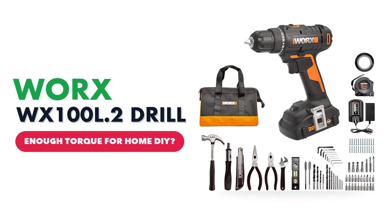 WORX 20V cordless drill driver with its battery, charger, carry bag, hand tools and bits on a white background