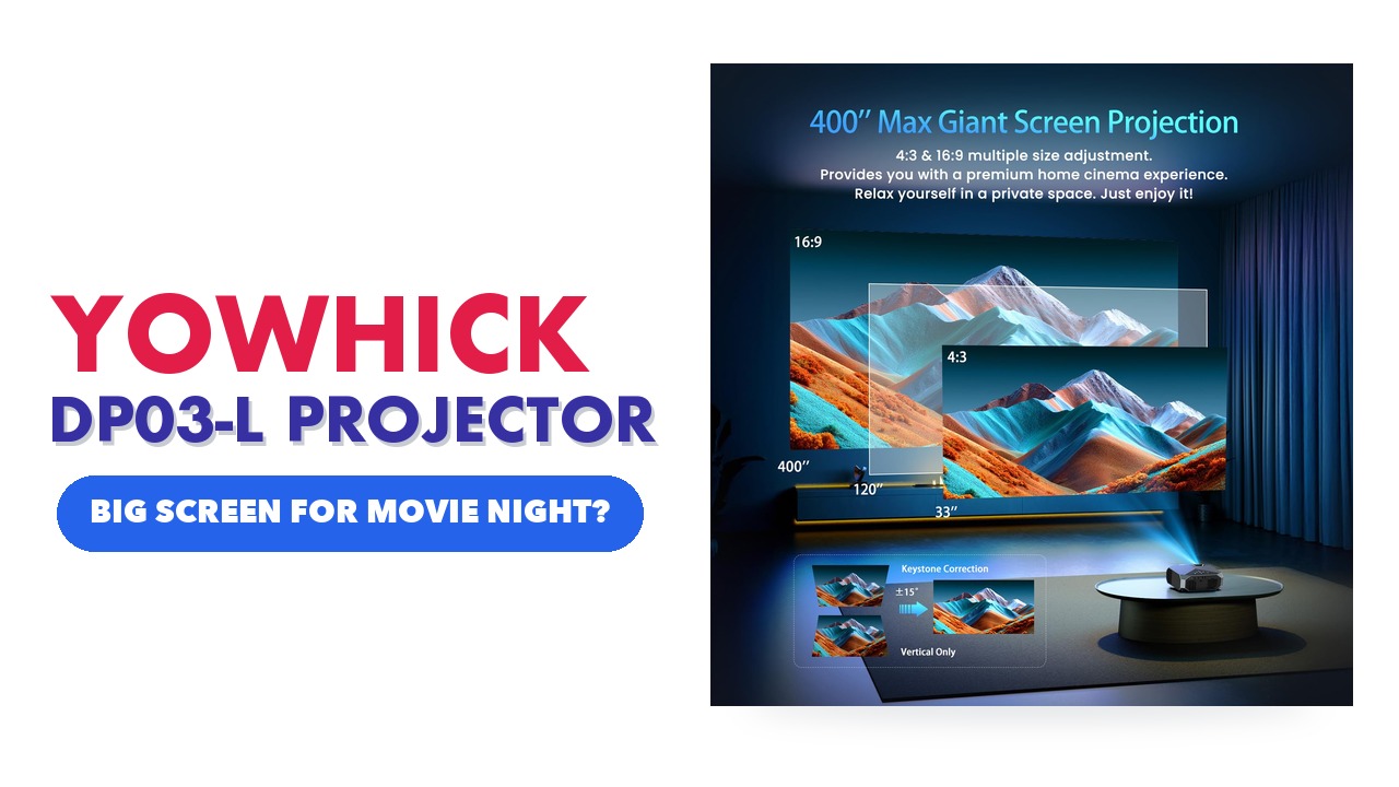 YOWHICK DP03-L grey projector and remote in front of a screen showing streaming apps