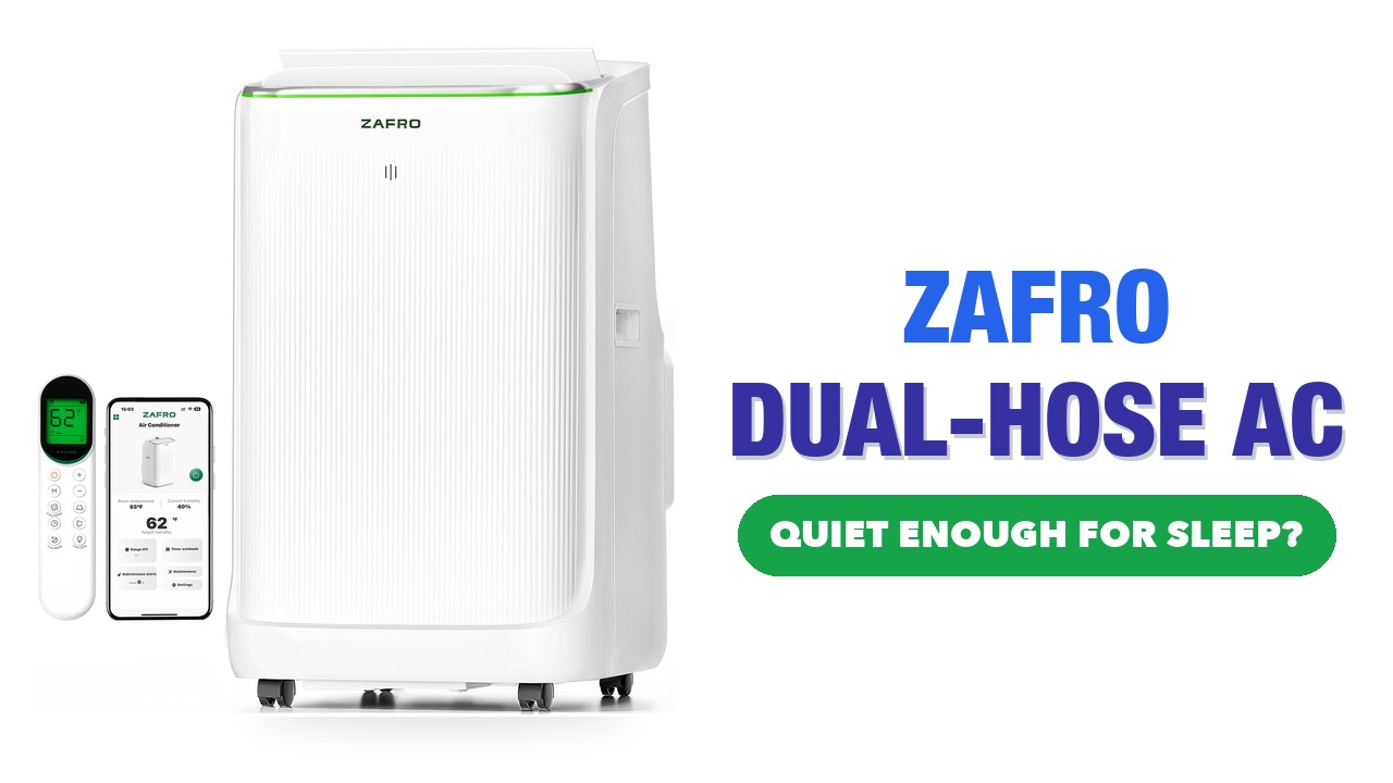 White ZAFRO portable air conditioner on castors, shown with its remote control and phone app