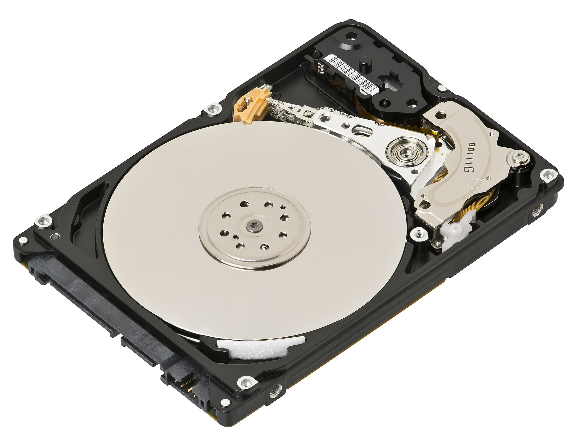 An opened 2.5-inch hard drive showing its platter and read arm