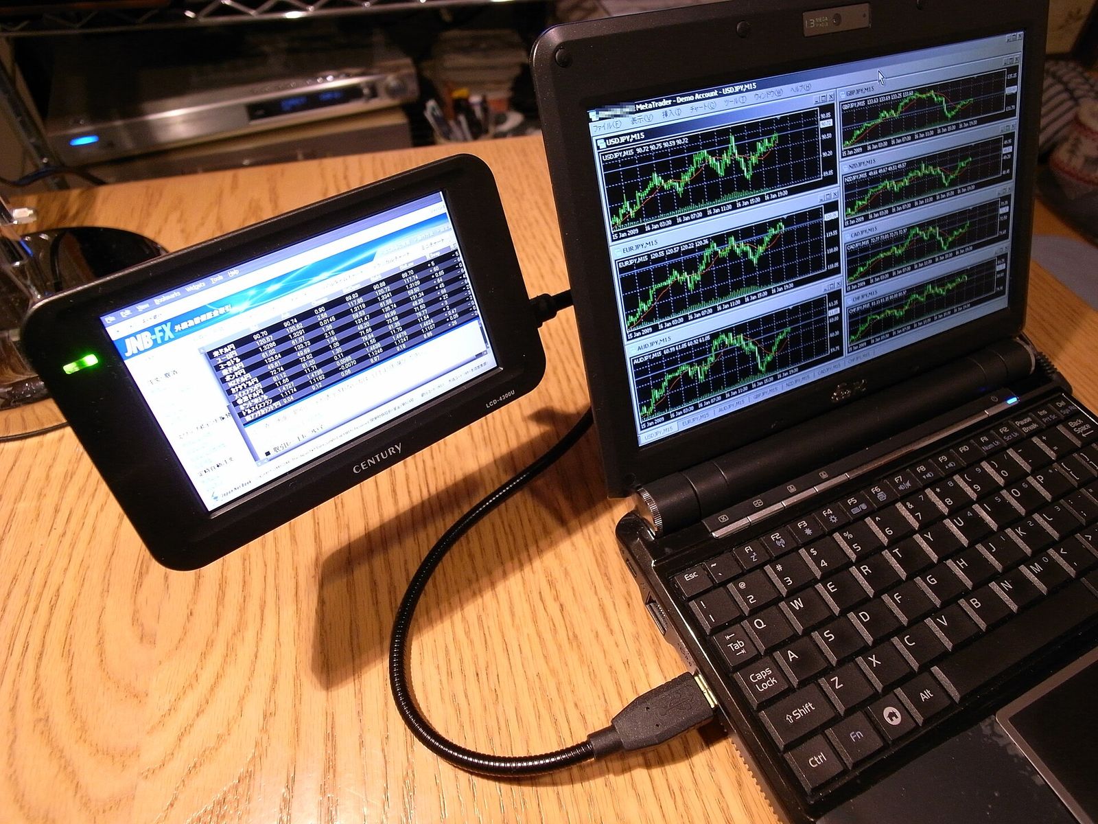 A small portable display connected to a laptop with a single USB cable