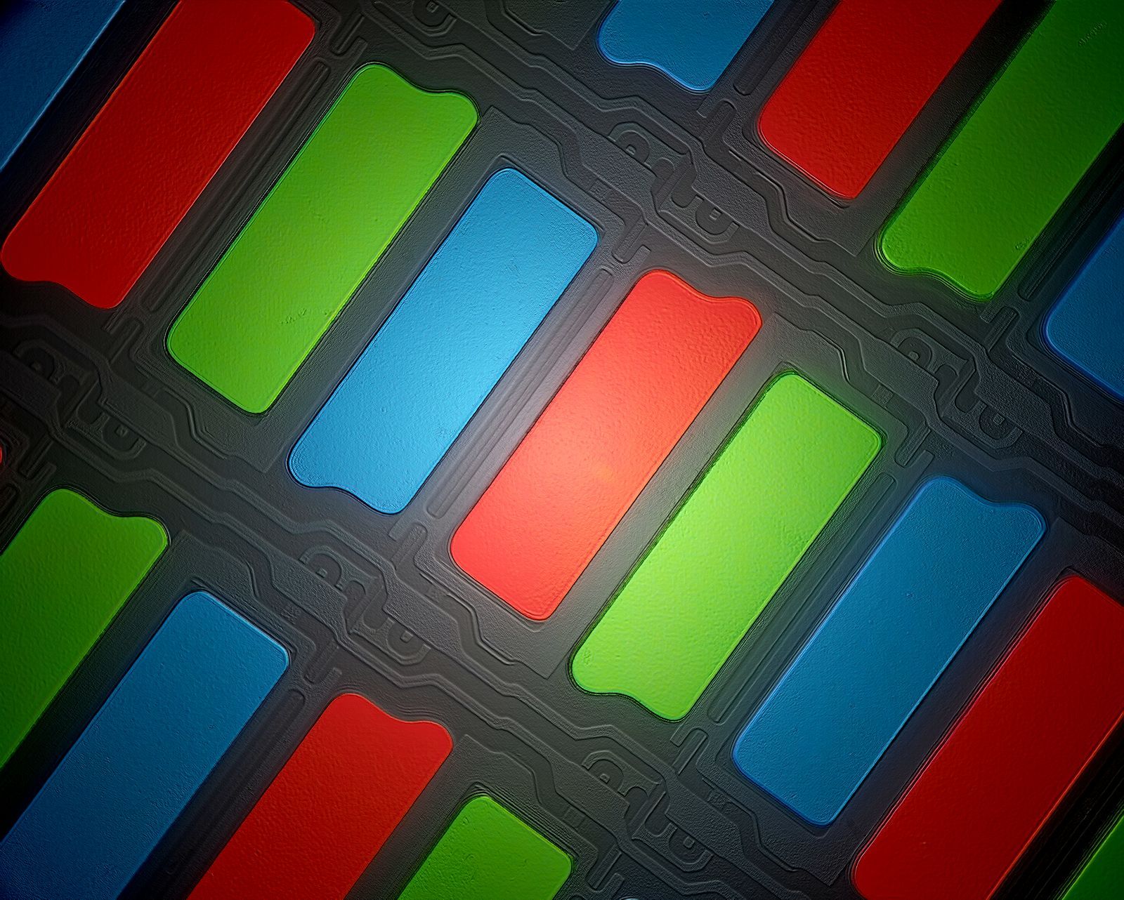 Magnified view of the red, green and blue sub-pixels of a display