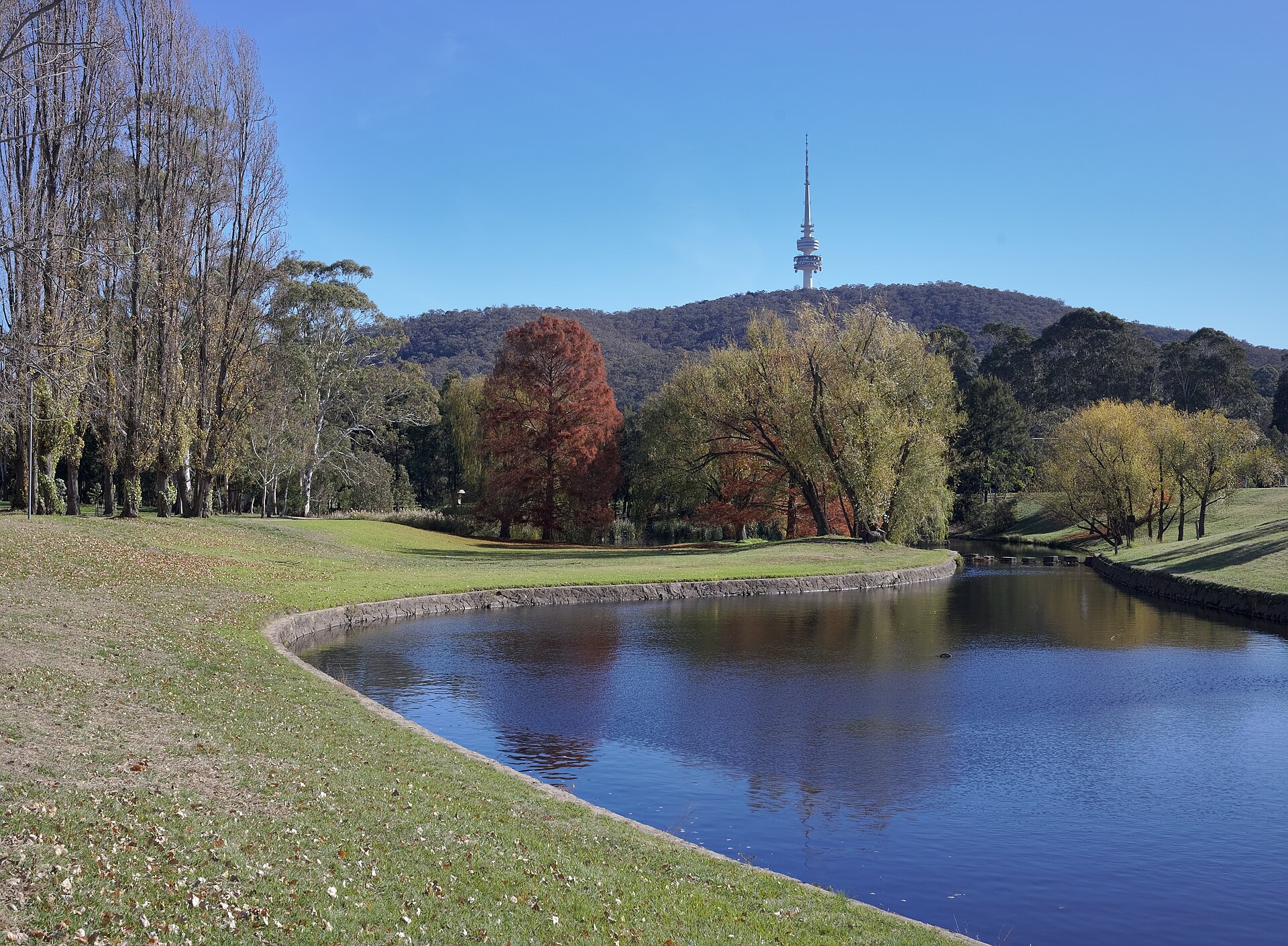 Sullivans Creek on the Australian National University campus, with Black Mountain and the Telstra Tower behind