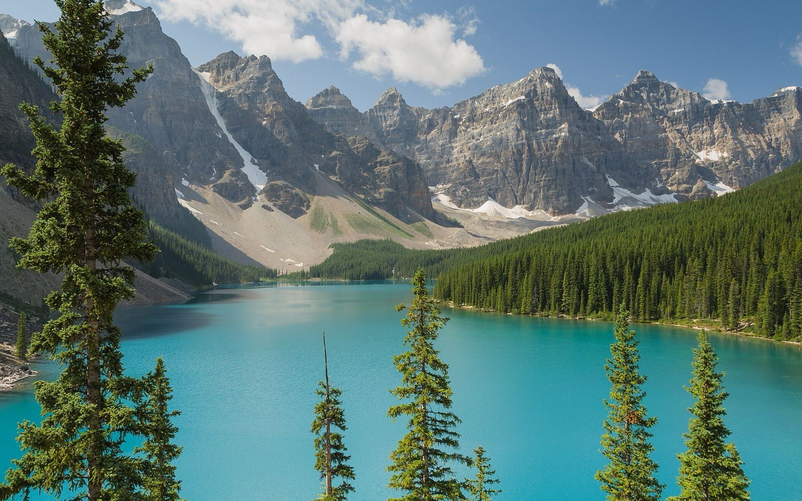 Turquoise Moraine Lake below the Valley of the Ten Peaks in Banff National Park, framed by evergreen trees