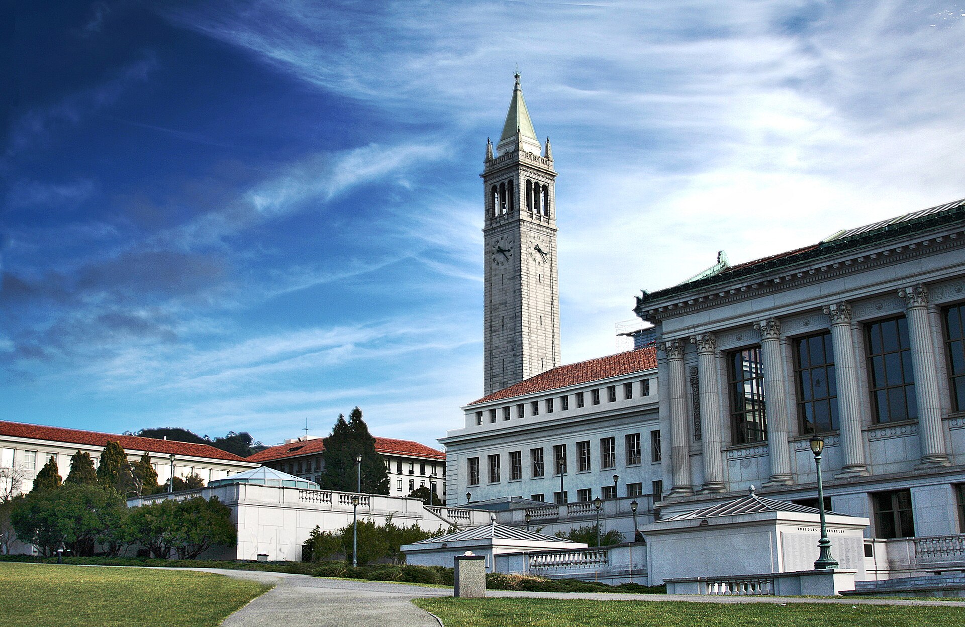 Sather Tower rising above the UC Berkeley campus with San Francisco Bay behind