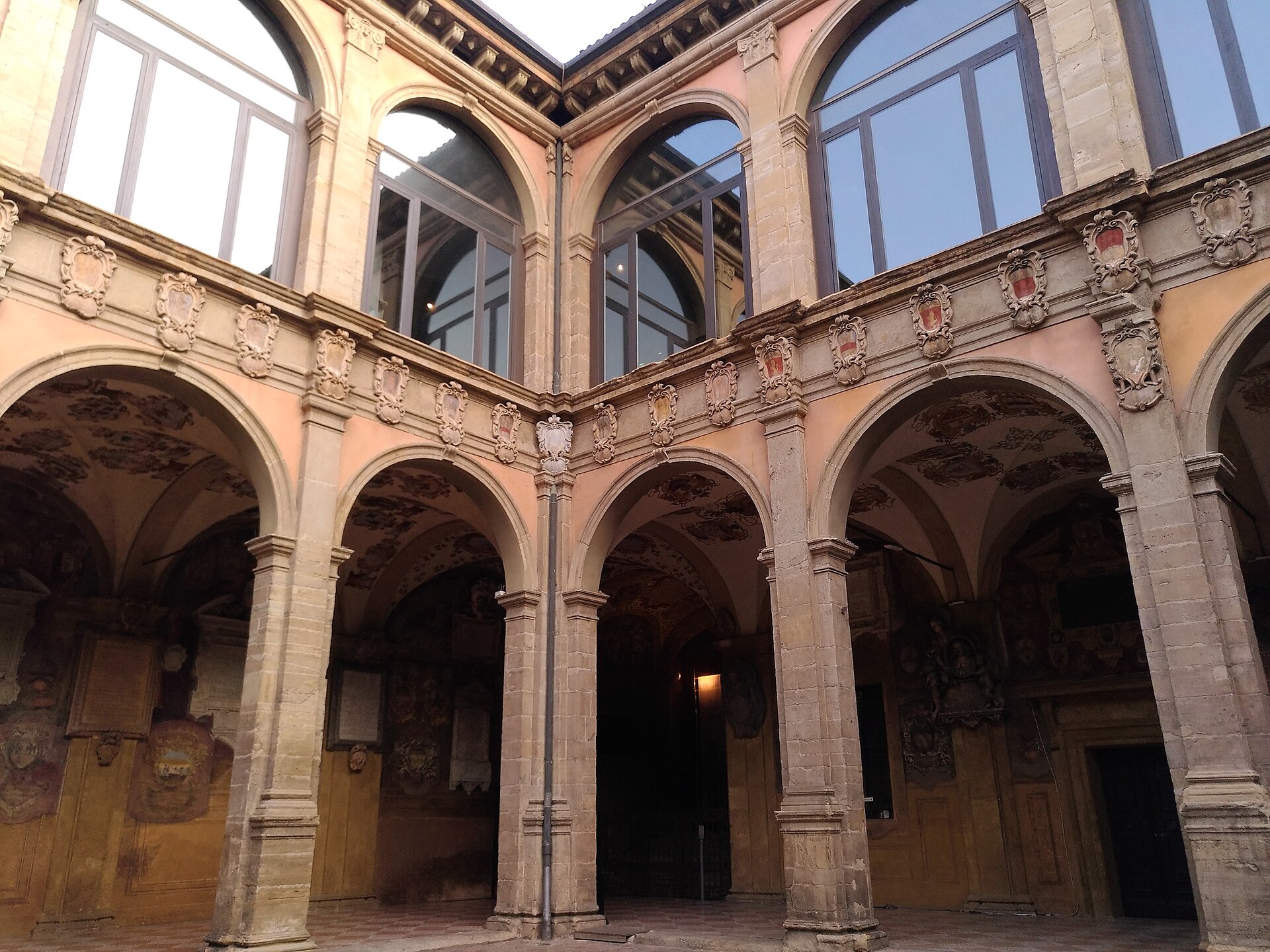 The arcaded courtyard of the Archiginnasio, historic seat of the University of Bologna