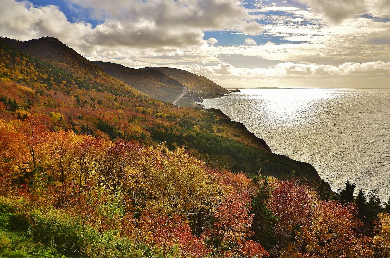 Autumn colours on the forested highlands above the sea along the Cabot Trail on Cape Breton Island