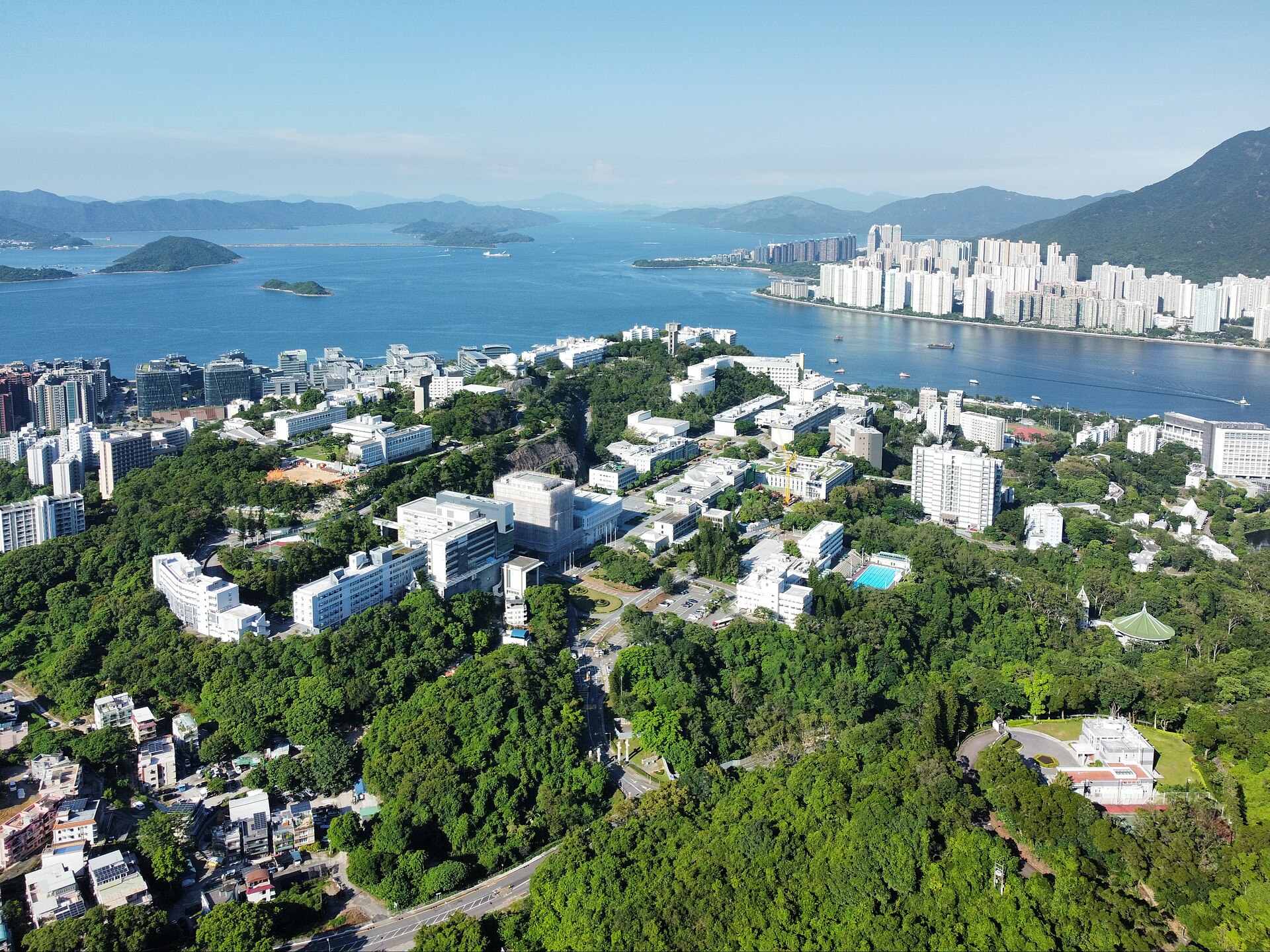 Aerial view of the Chinese University of Hong Kong's hillside campus above Tolo Harbour