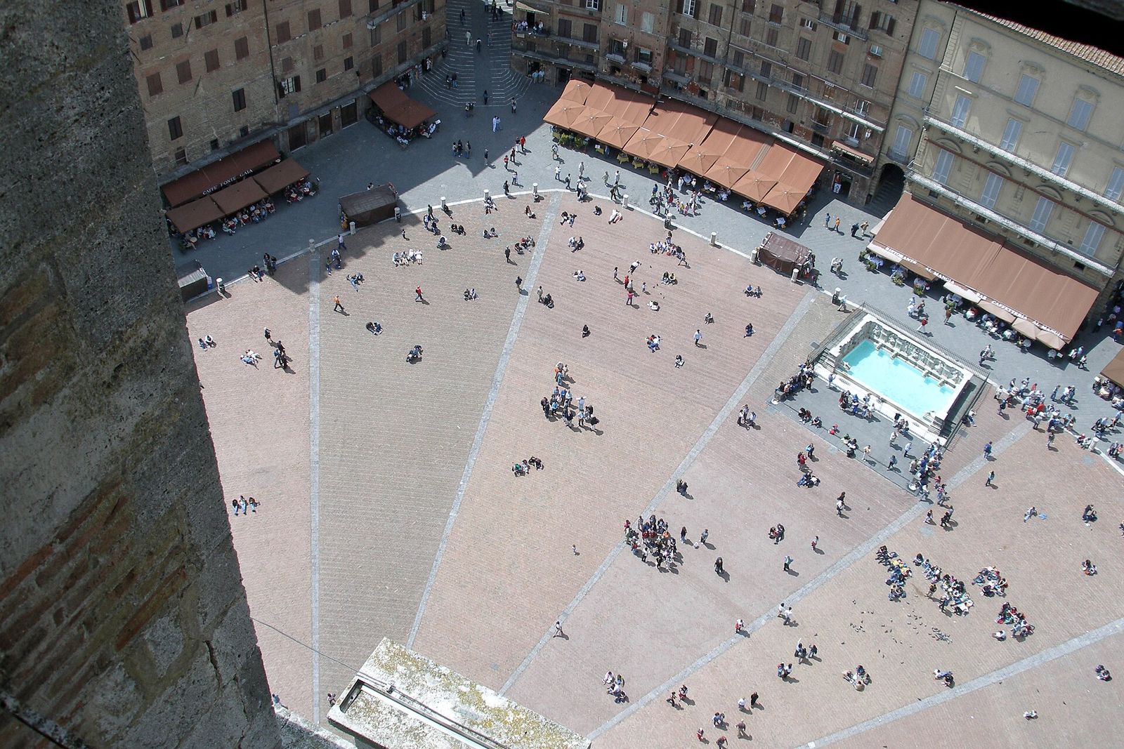 Siena's shell-shaped Piazza del Campo seen from the Torre del Mangia