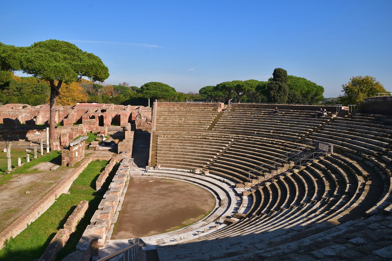 The restored Roman theatre at Ostia Antica framed by umbrella pines