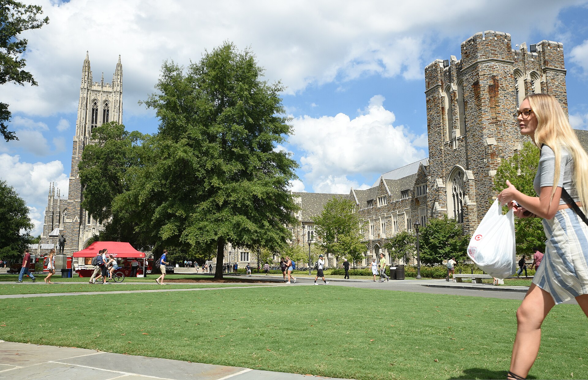 Duke Chapel's Gothic tower above the stone buildings of West Campus in Durham