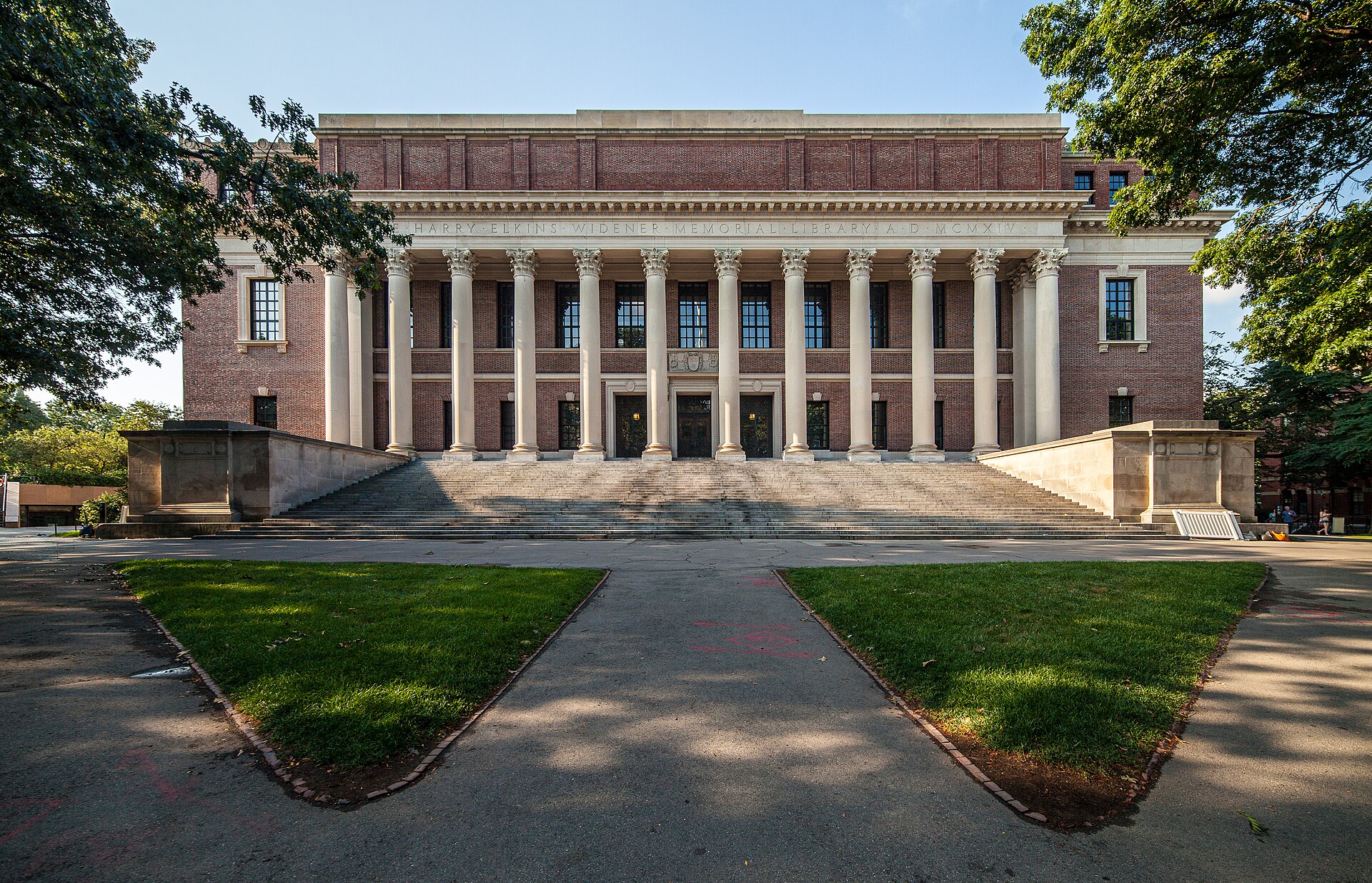 Widener Library's columned facade across the lawns of Harvard Yard