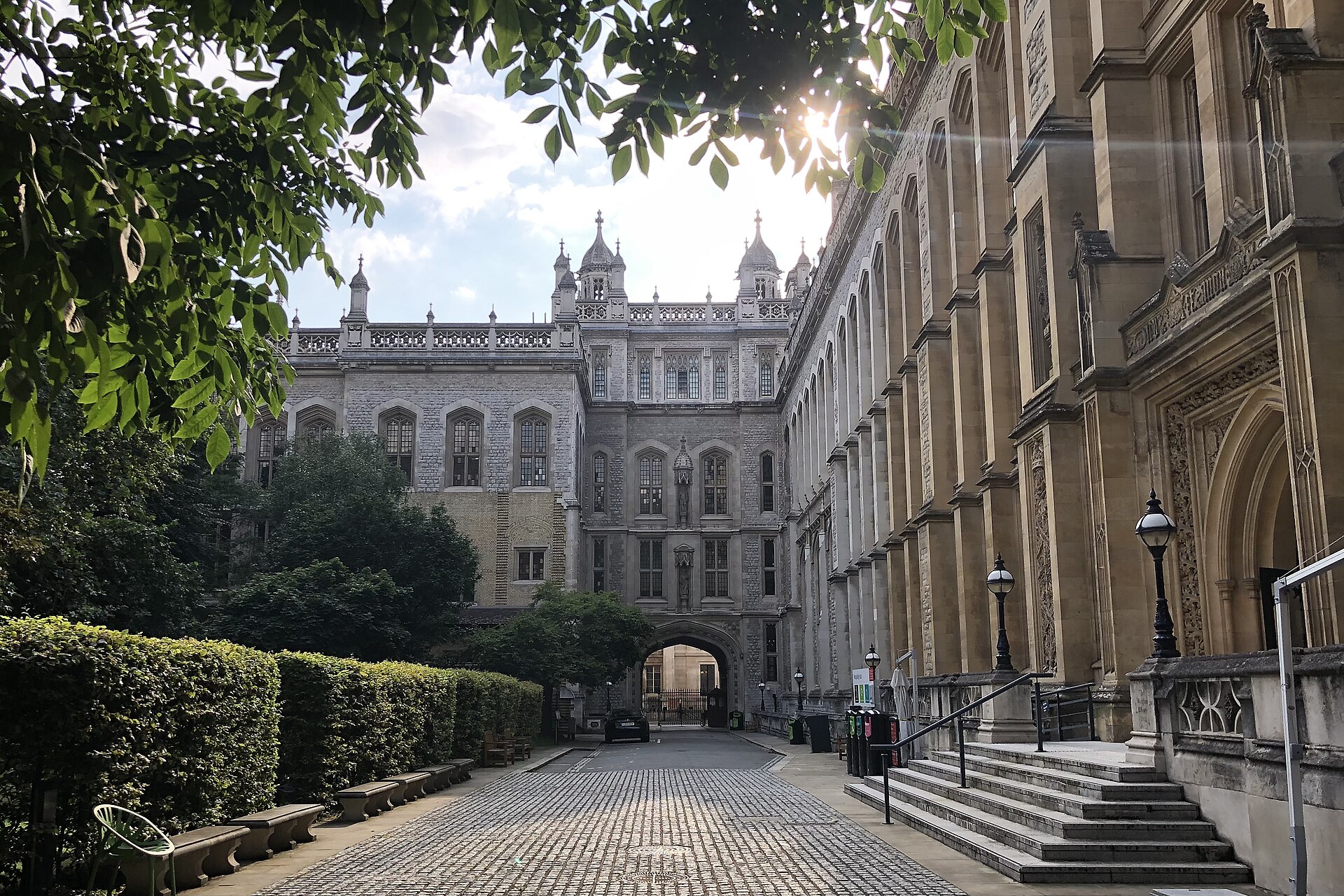 The Gothic Revival front of the Maughan Library, the main library of King's College London, on Chancery Lane