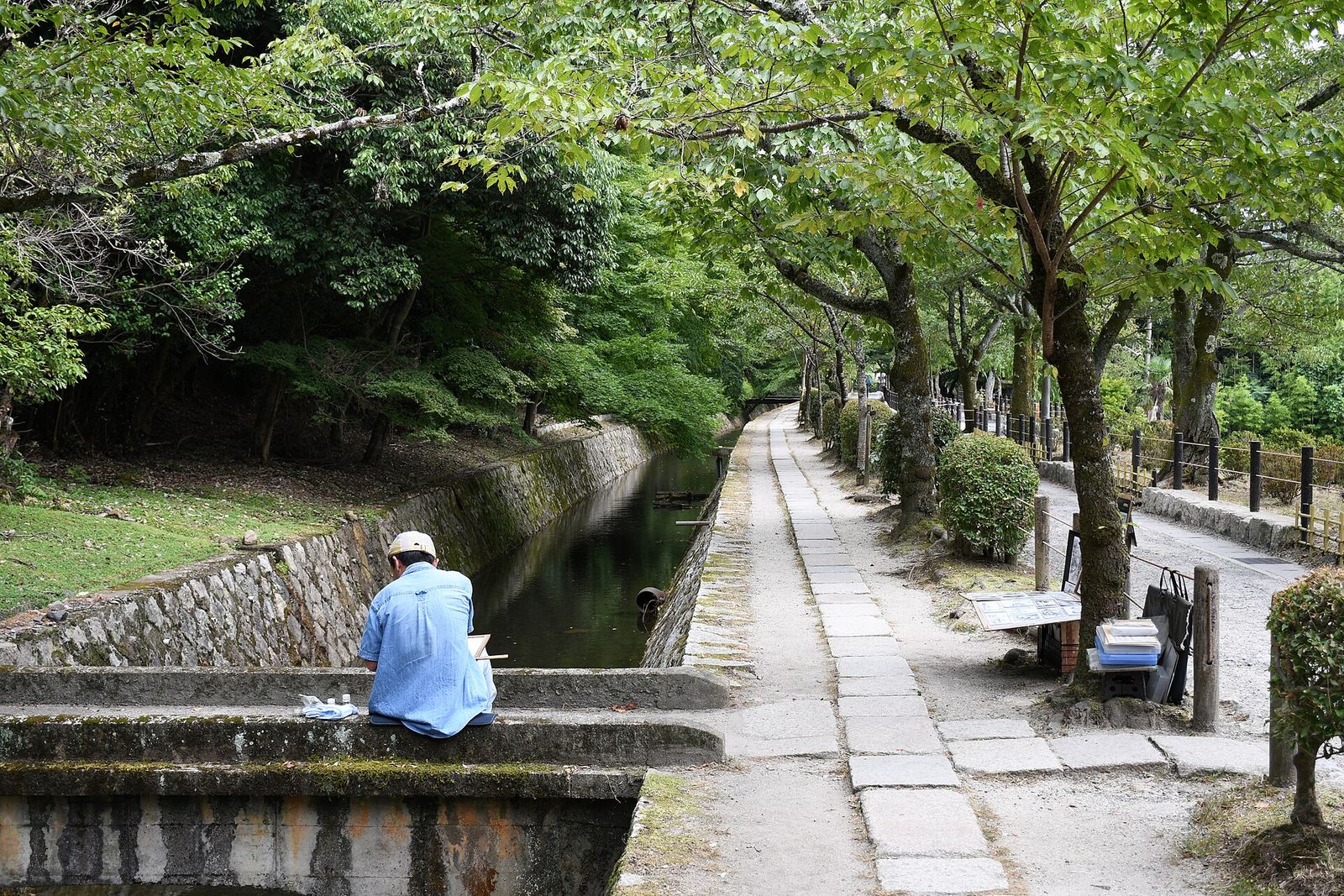 The stone-paved Philosopher's Path running beside a narrow canal under green cherry trees in Kyoto