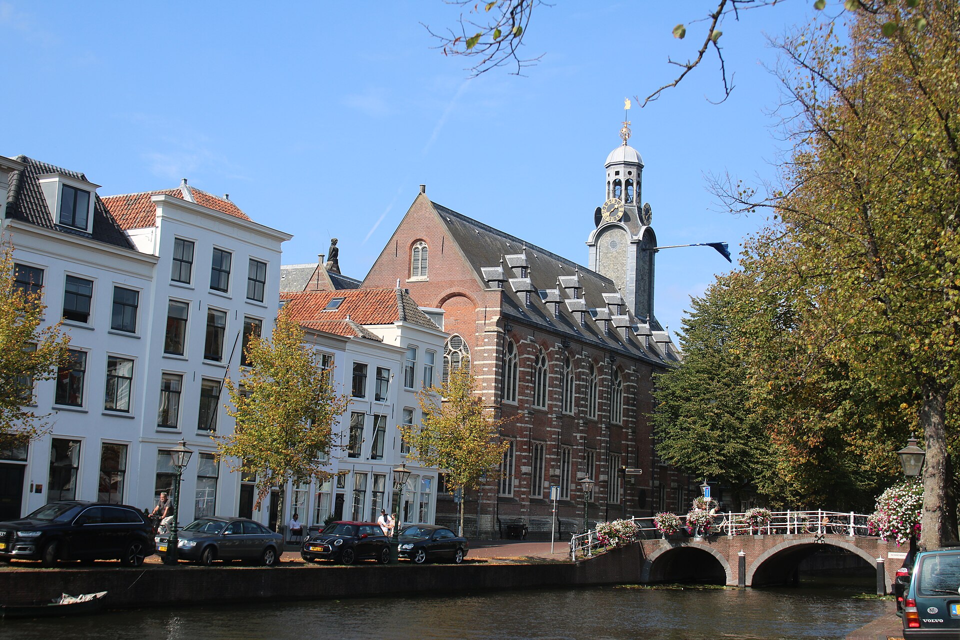 The Academy Building of Leiden University beside the Rapenburg canal and the Nonnenbrug bridge
