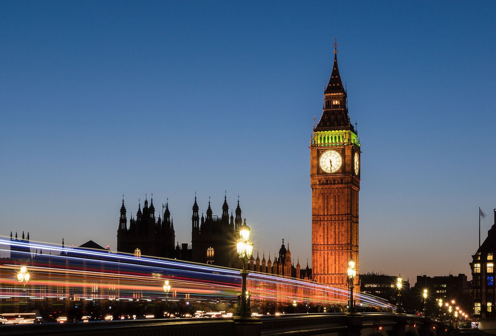 The Elizabeth Tower and the Houses of Parliament in London at dusk