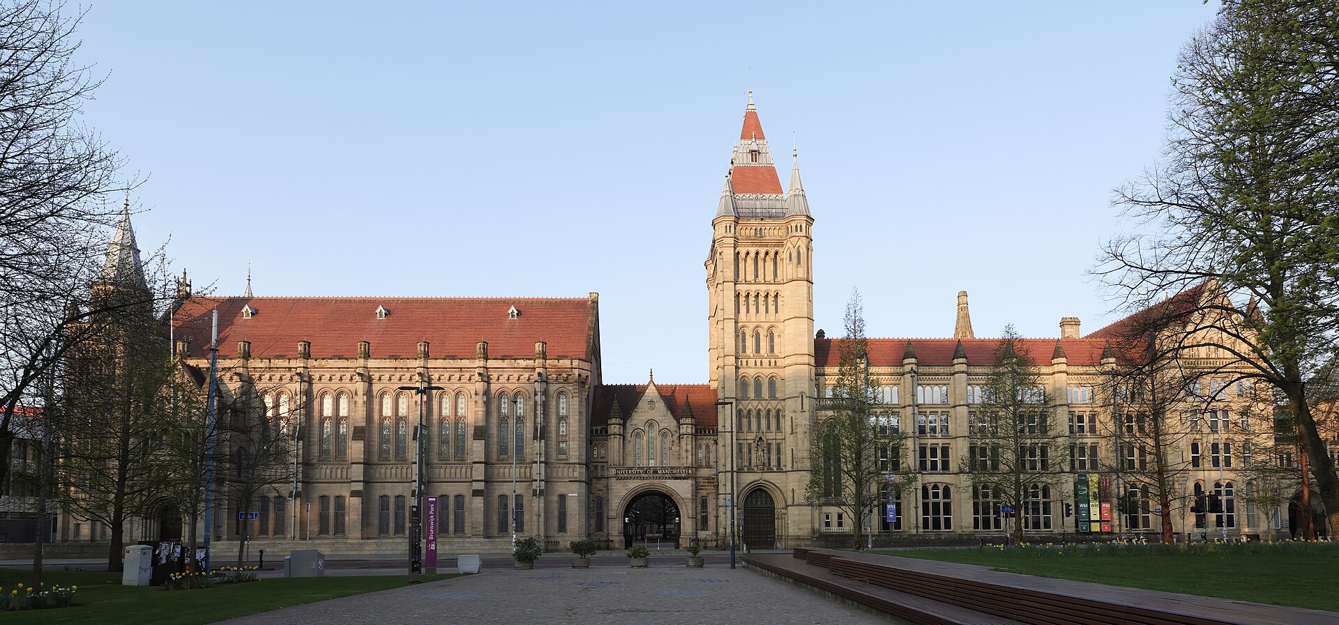 The Victorian Gothic Whitworth Building and Old Quad of the University of Manchester on Oxford Road