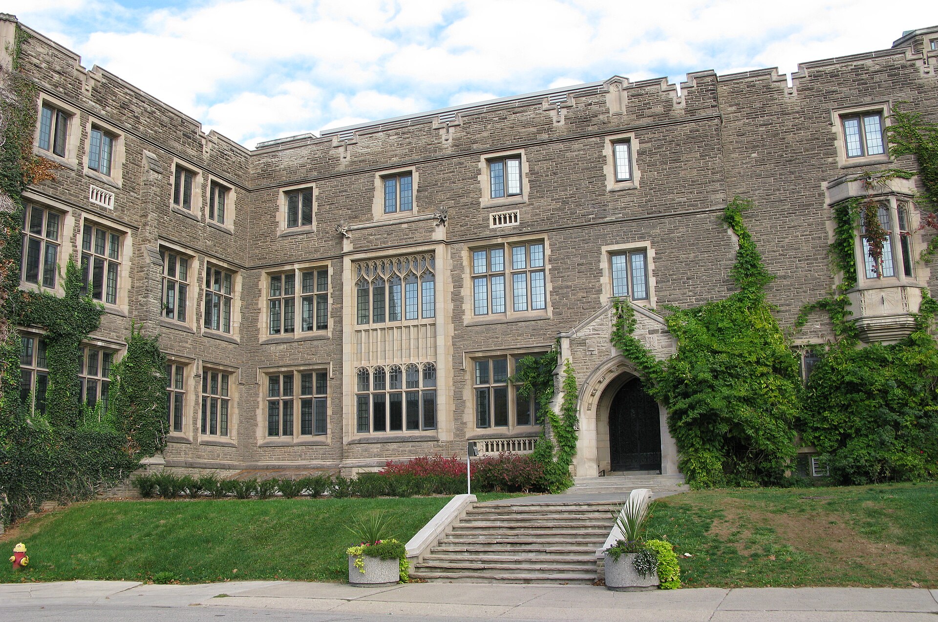 Ivy on the stone walls of Hamilton Hall at McMaster University