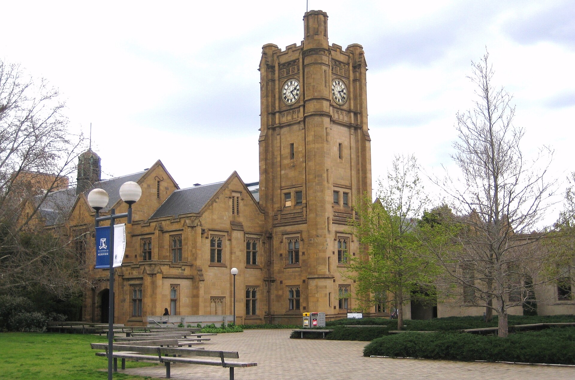 The Old Arts building and its clock tower on the University of Melbourne's Parkville campus