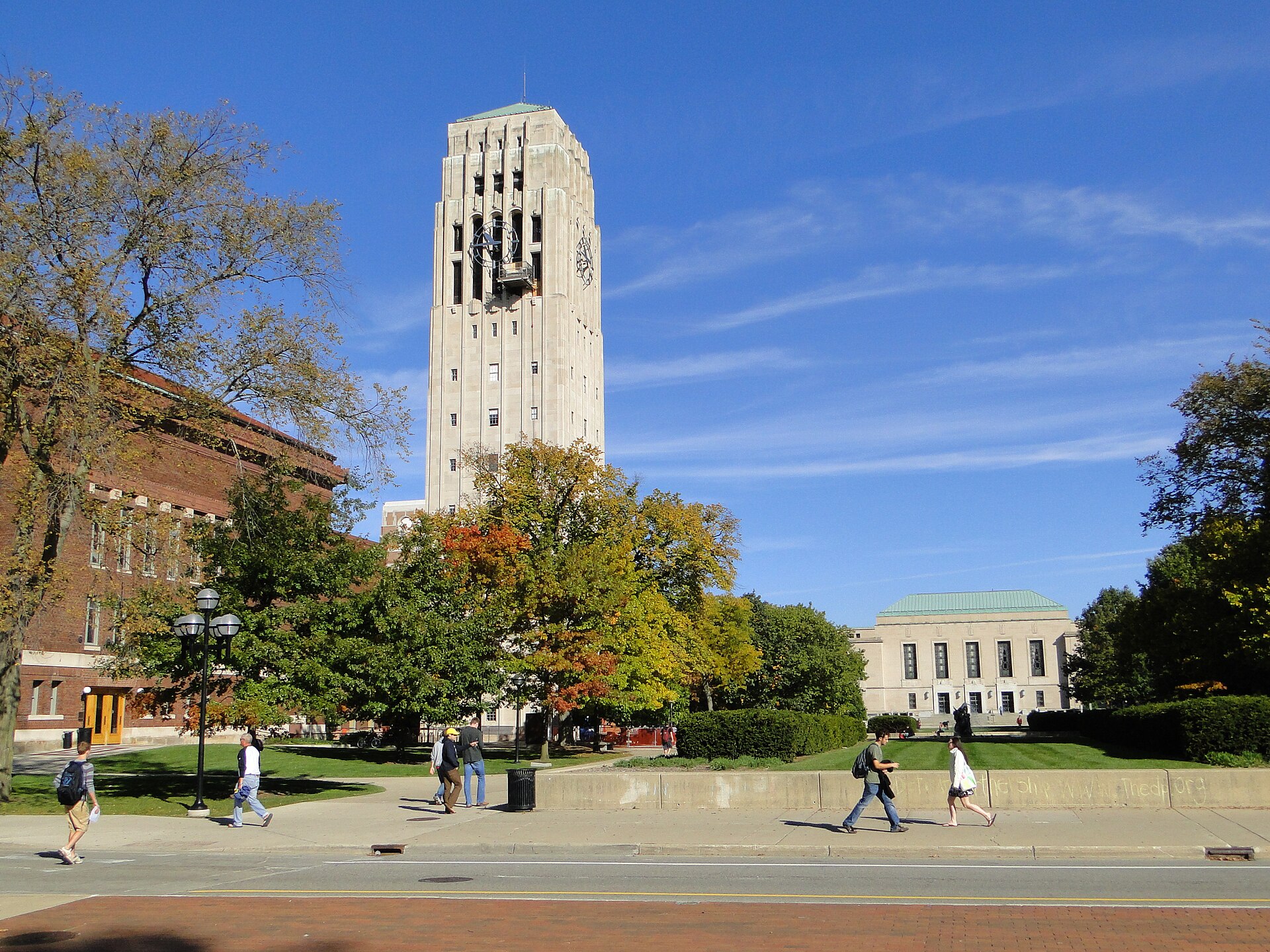 Burton Memorial Tower rising over the University of Michigan campus in Ann Arbor