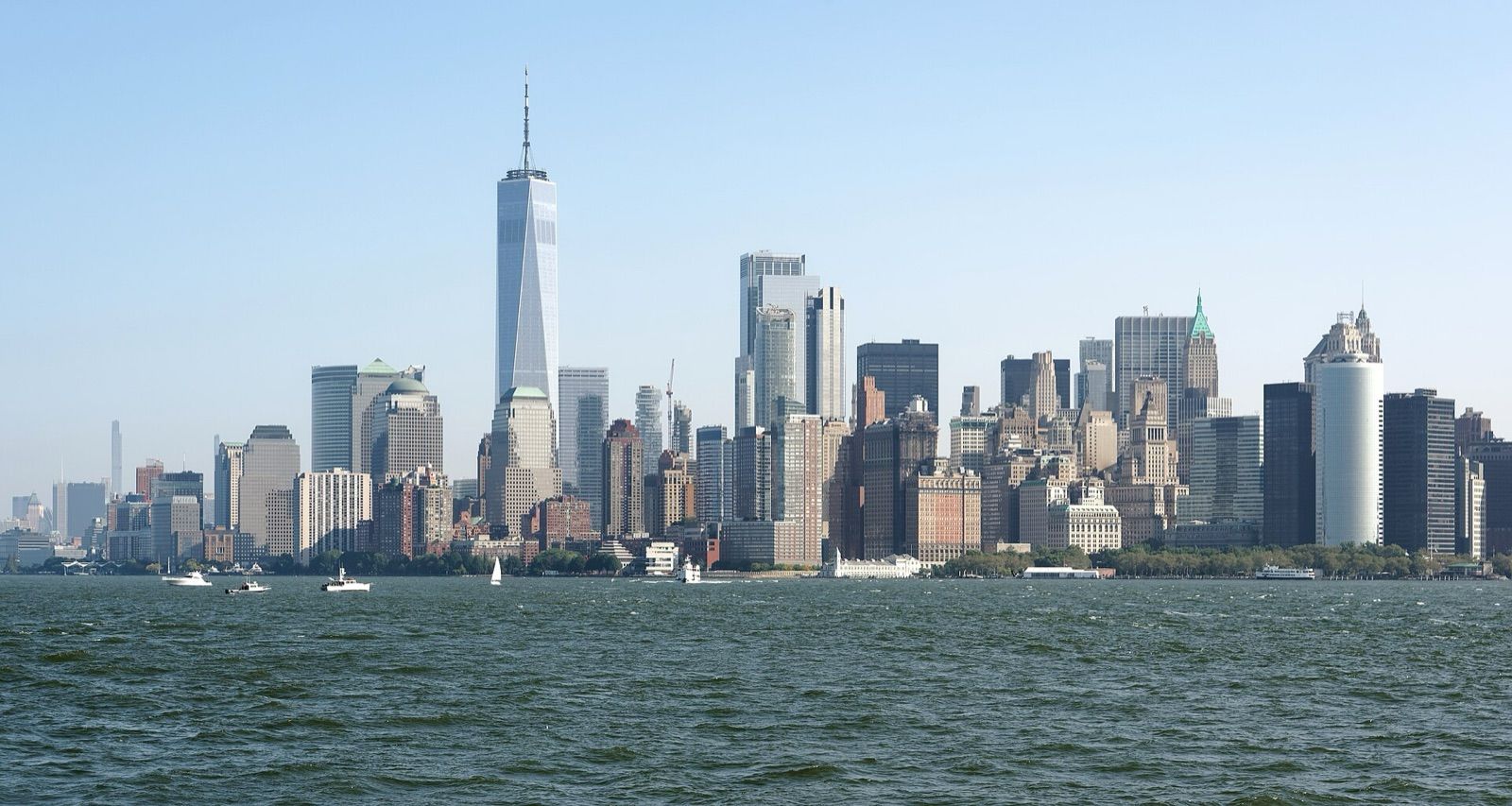 The Lower Manhattan skyline seen across the water from Upper New York Bay on a clear day