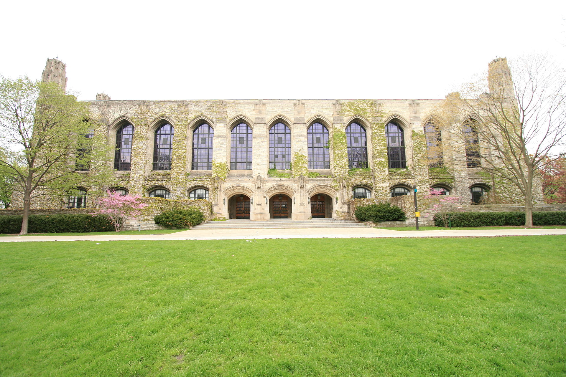 The Gothic stone front of Deering Library at Northwestern University in Evanston