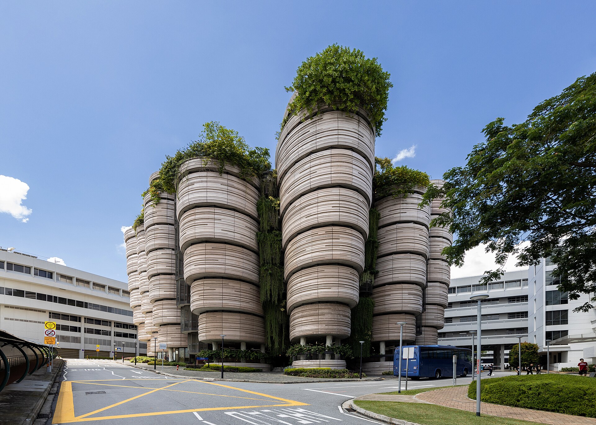 The stacked, rounded towers of The Hive learning hub at Nanyang Technological University