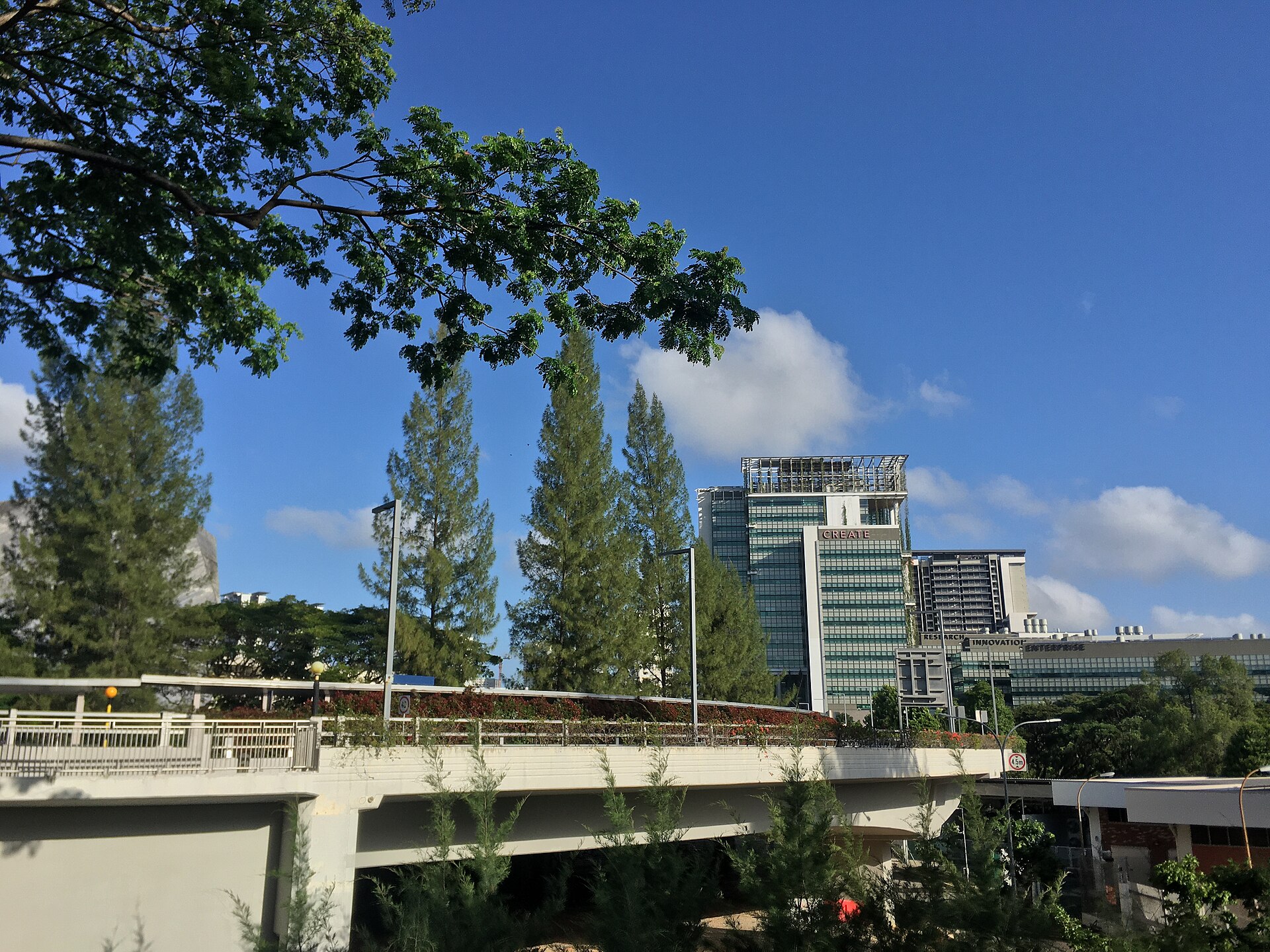 University Town buildings seen across a footbridge from the Kent Ridge campus of the National University of Singapore