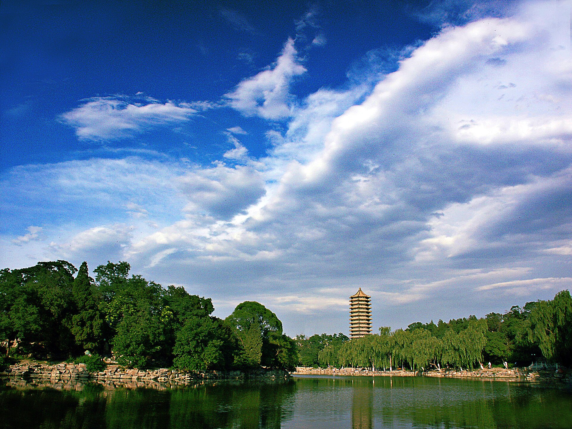 Boya Pagoda rising above the willows around Weiming Lake at Peking University