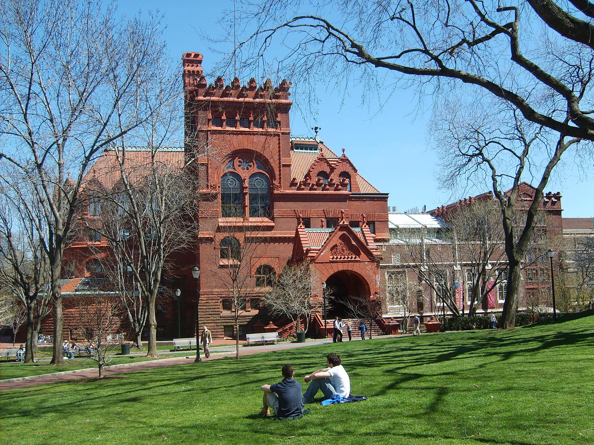 The red stone and brick Fisher Fine Arts Library on Penn's campus in Philadelphia