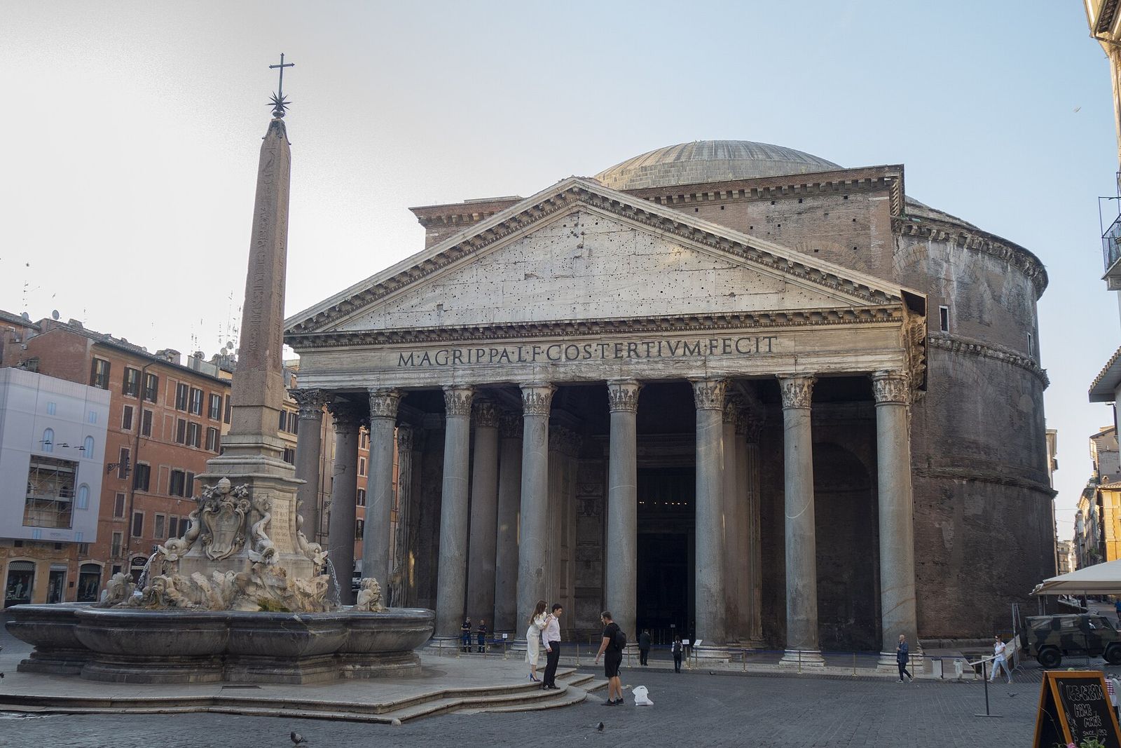 The portico of the Pantheon above the fountain and obelisk in Piazza della Rotonda, Rome