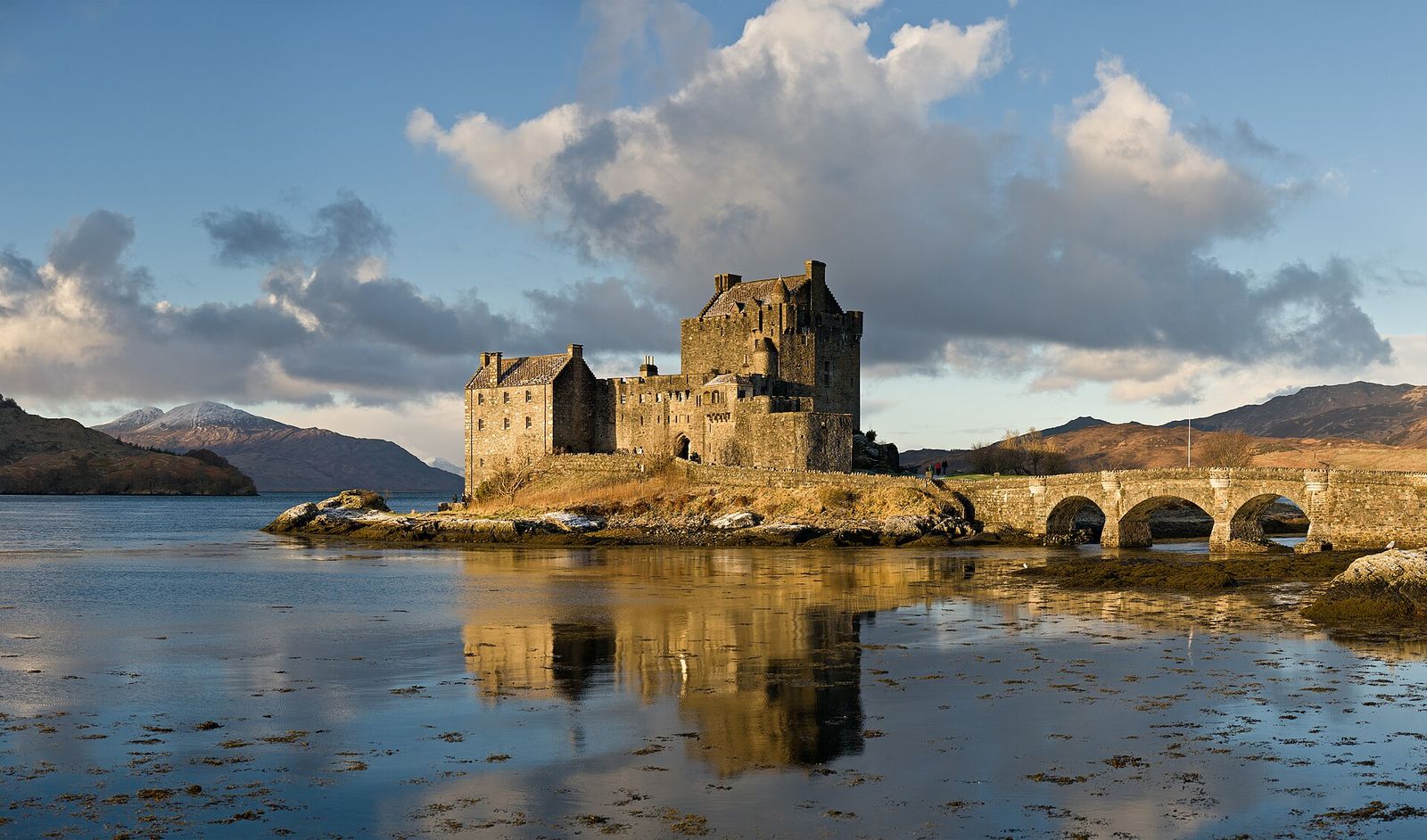 Eilean Donan Castle on its island where three sea lochs meet in the Scottish Highlands