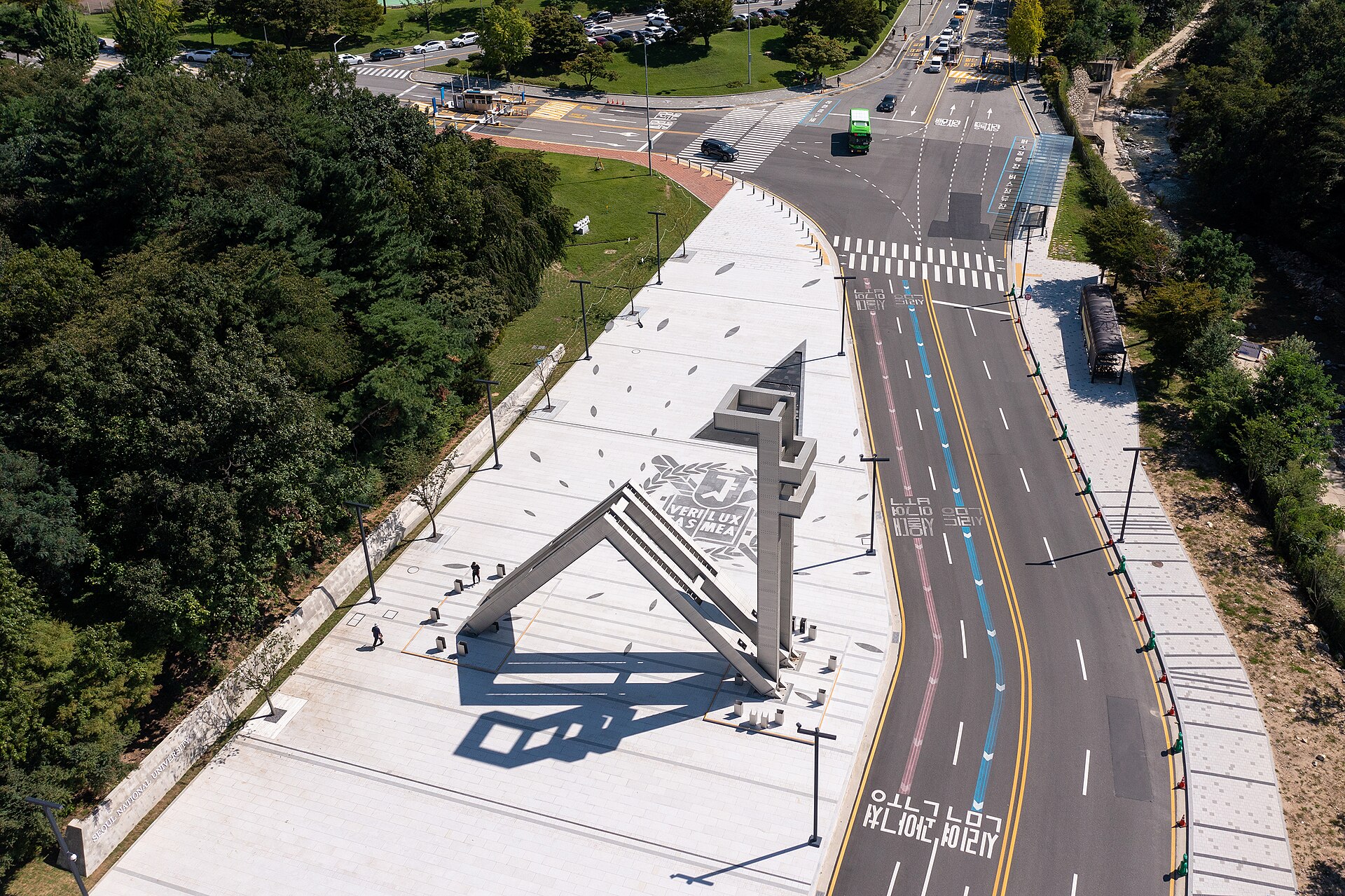 Aerial view of the main gate plaza of Seoul National University's Gwanak campus