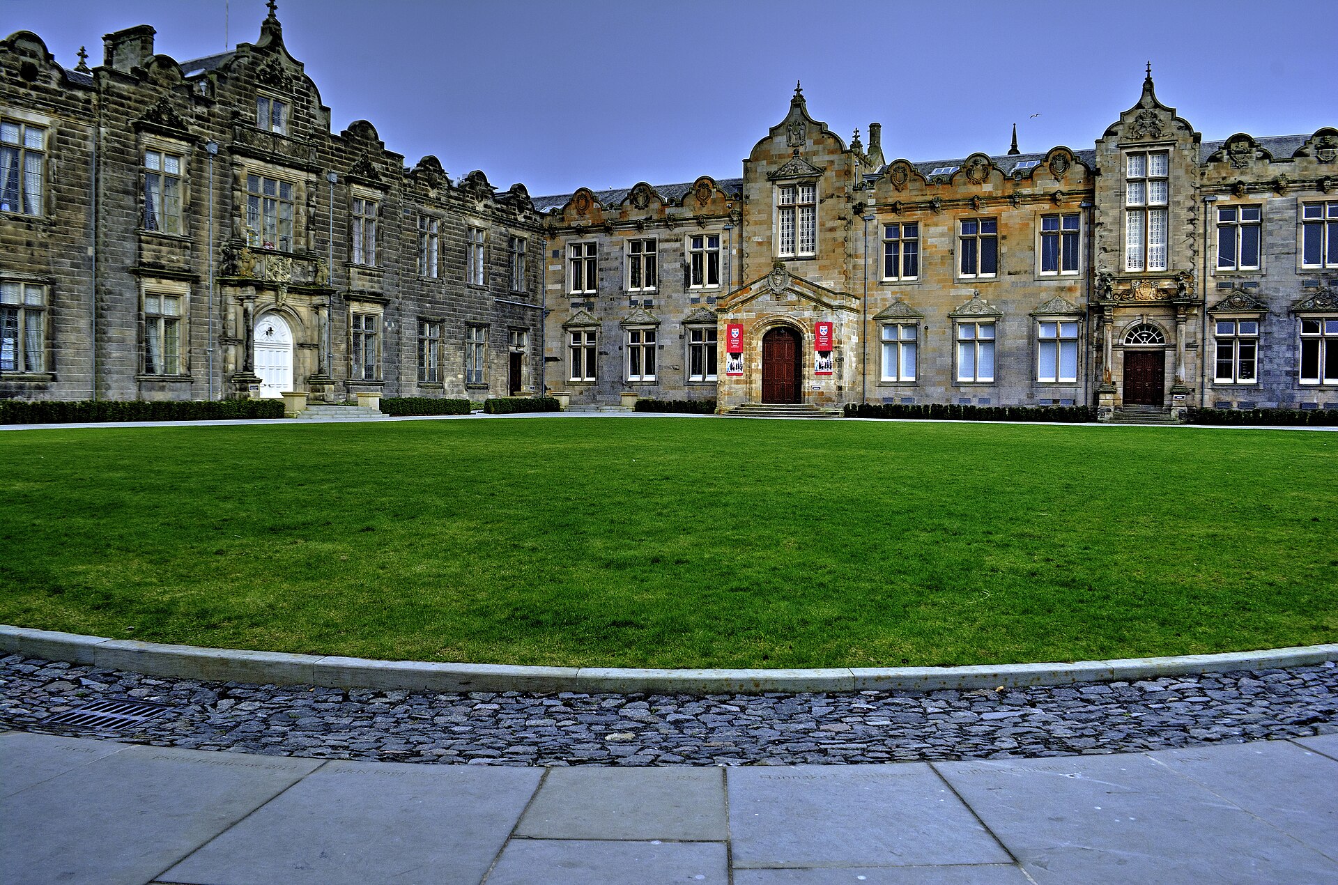 St Salvator's Quadrangle at the University of St Andrews, with its lawn and stone college buildings