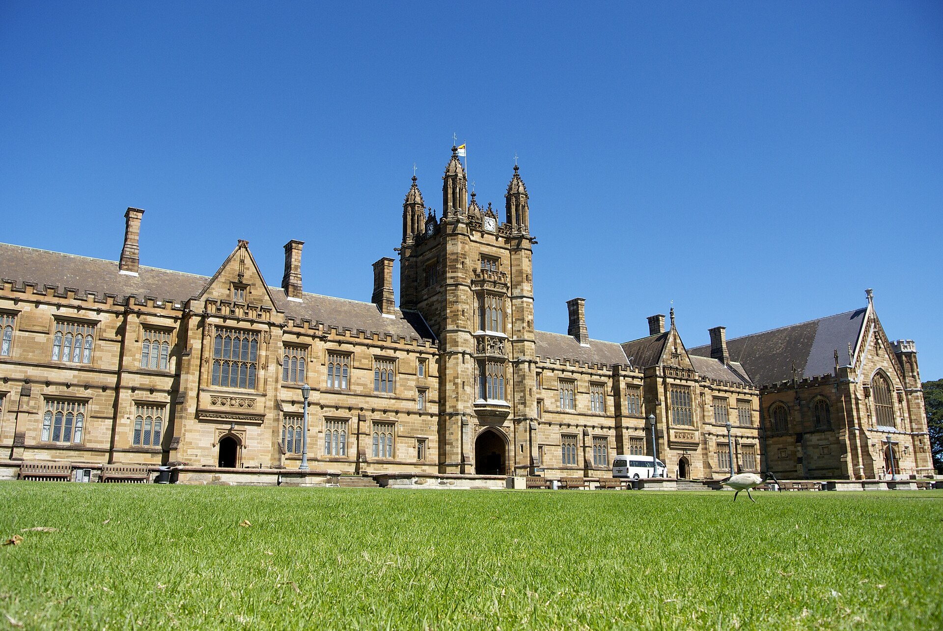 The sandstone Main Quadrangle of the University of Sydney with its Gothic Revival clock tower