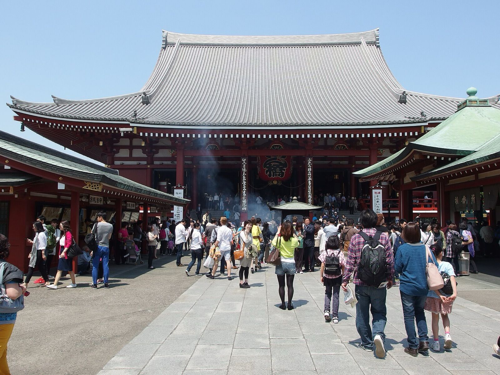 Visitors walking towards the main hall of Senso-ji temple in Asakusa, Tokyo