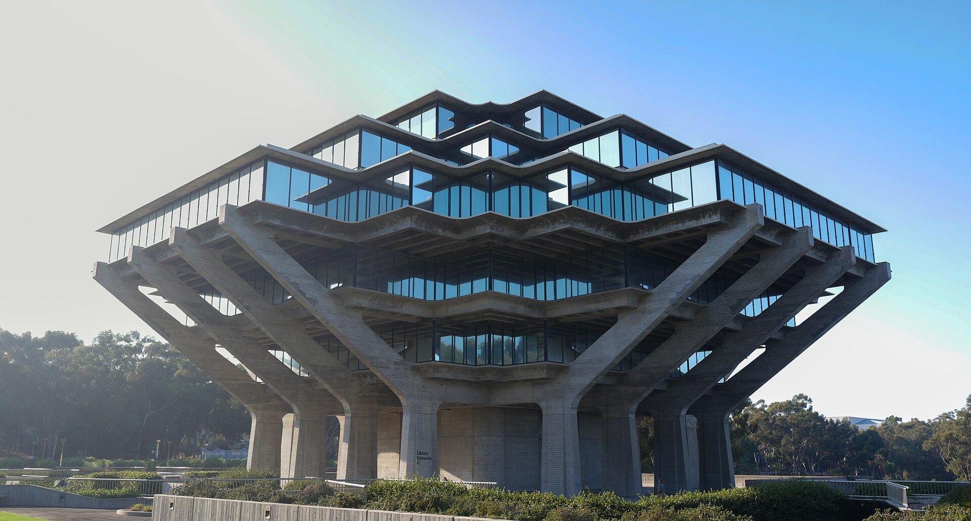 The concrete and glass Geisel Library at UC San Diego in La Jolla