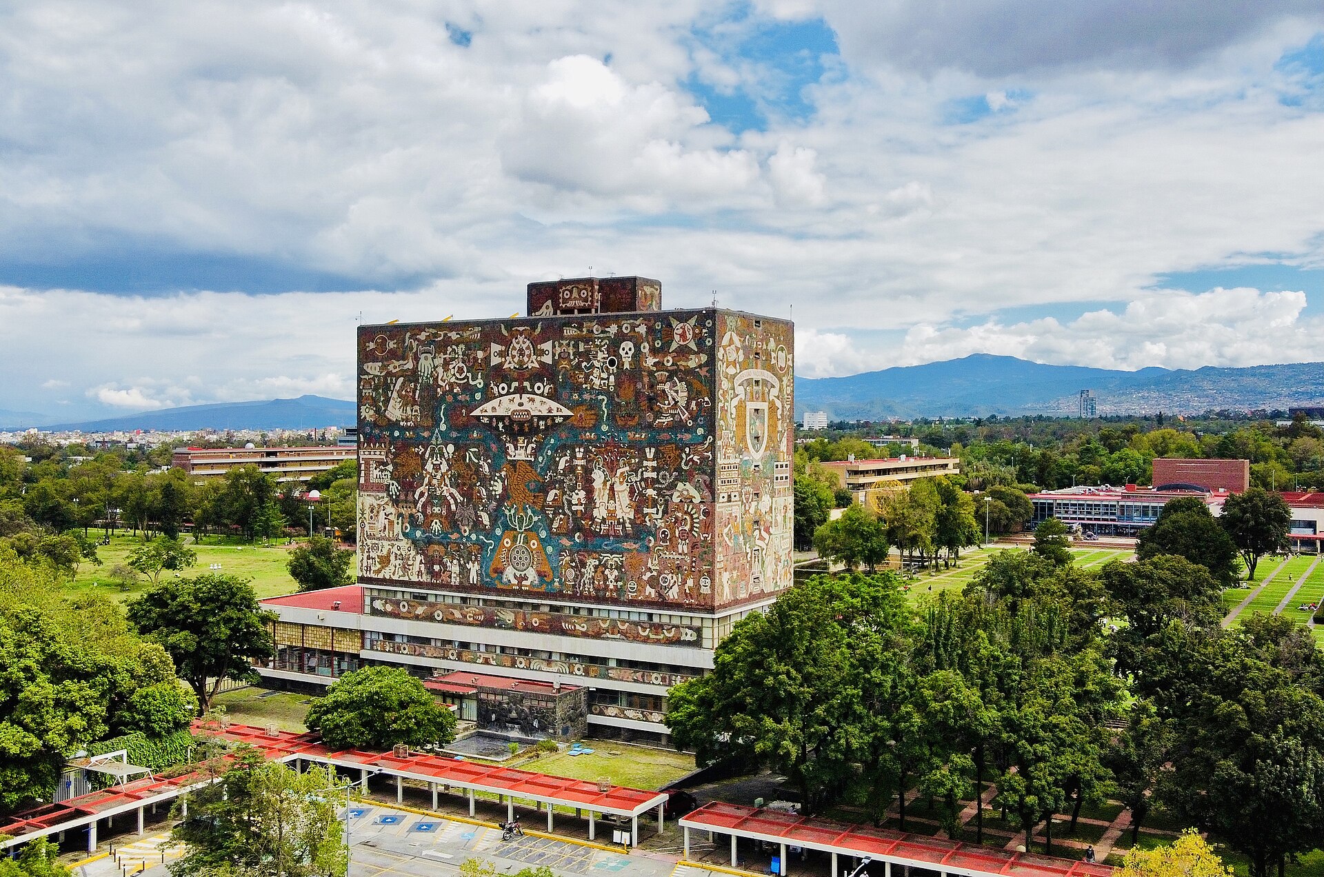 The mosaic-covered Central Library of UNAM on the Ciudad Universitaria campus in Mexico City
