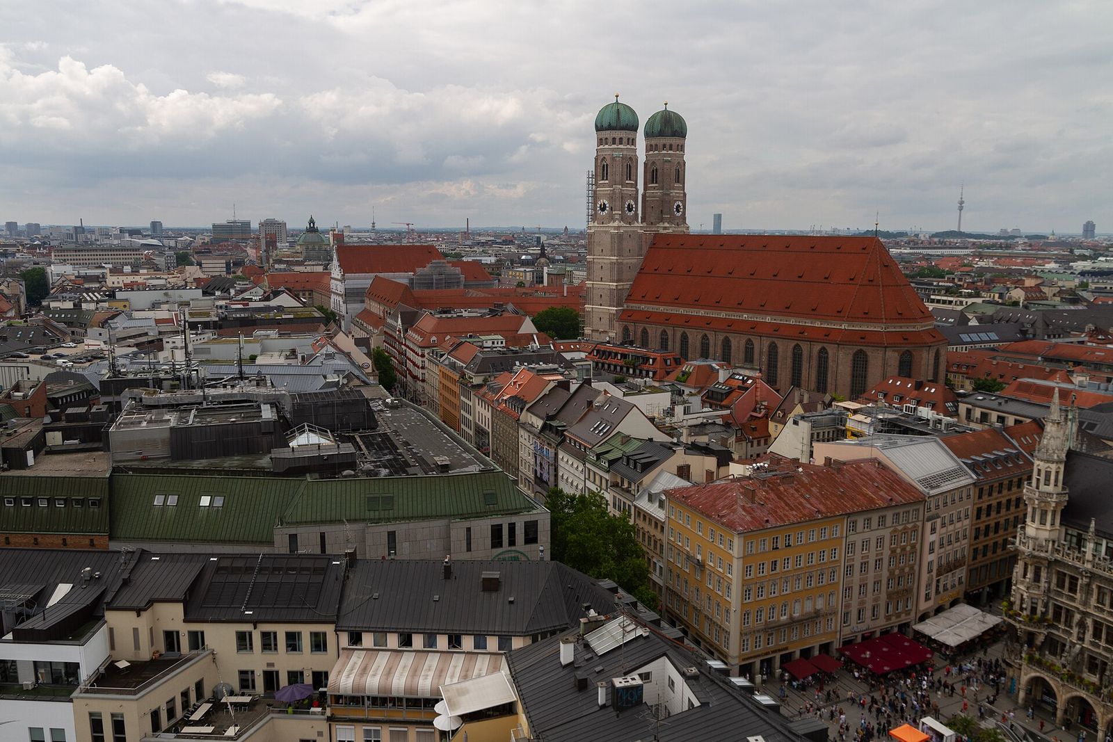 Rooftops of Munich's Altstadt with the twin towers of the Frauenkirche, seen from St Peter's Church