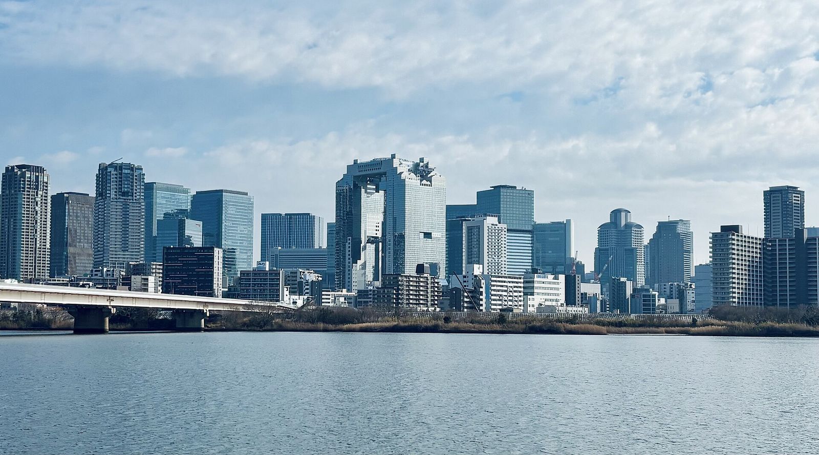 The skyscrapers of Umeda in Osaka, including the Umeda Sky Building, seen across the Yodo River