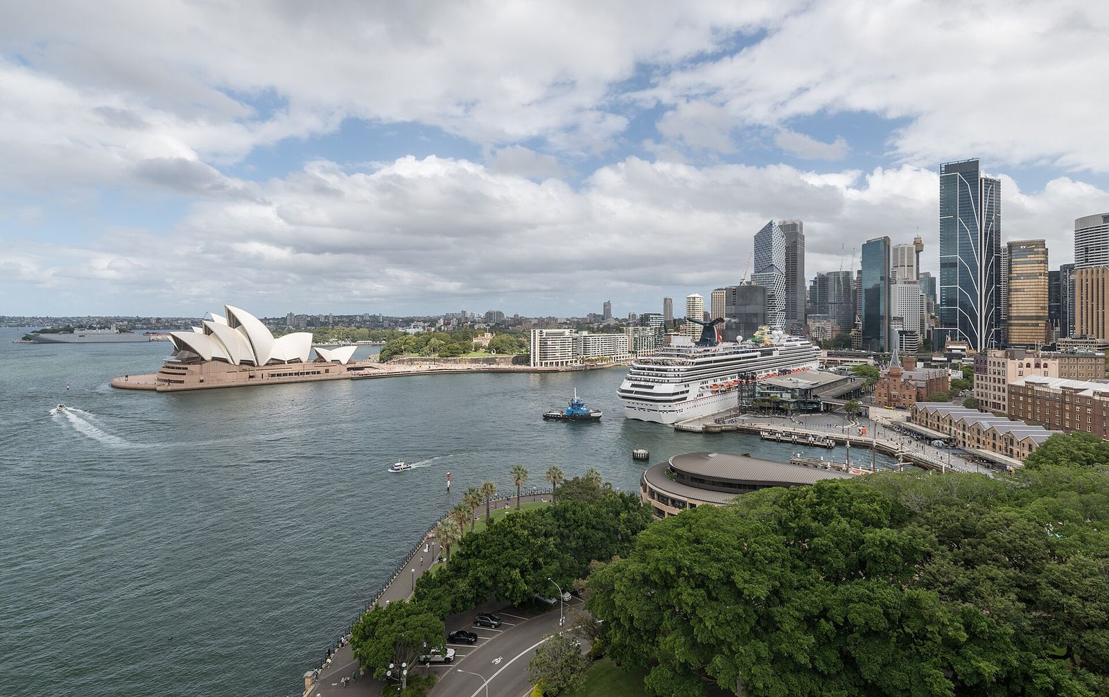 Sydney Opera House, Circular Quay, The Rocks and the city centre towers seen from above the harbour